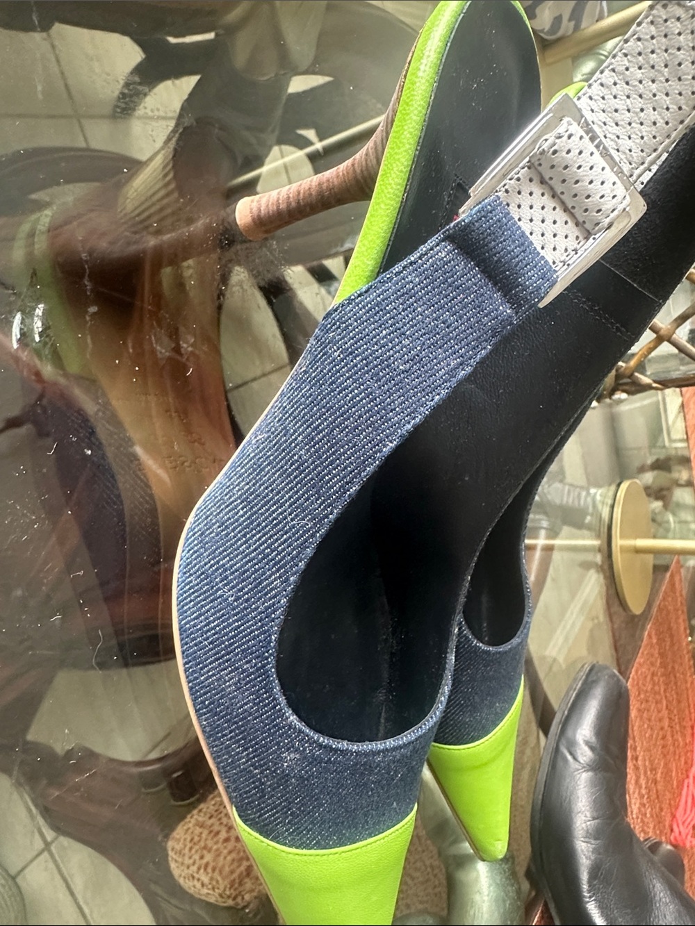 Escada Lime Green and Navy Pointed Toe Slingback Pumps - Picture 2 of 3